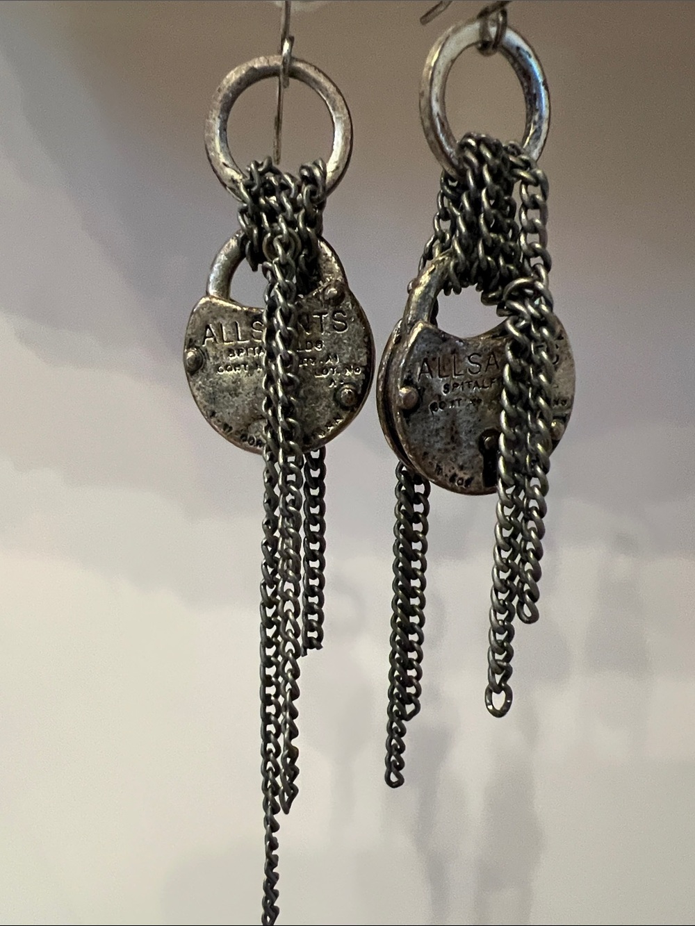 Vintage All Saints Distressed Dangle Chain Padlock Earrings